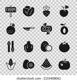 Set Pumpkin, Tomato, Plum fruit, Turnip, Knife, Orange, Location farm and Leaf Eco symbol icon. Vector