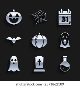 Set Pumpkin, Tombstone with cross, Bottle potion, Funny and scary ghost mask for Halloween, Ghost, Flying bat, Calendar date 31 october and  icon. Vector