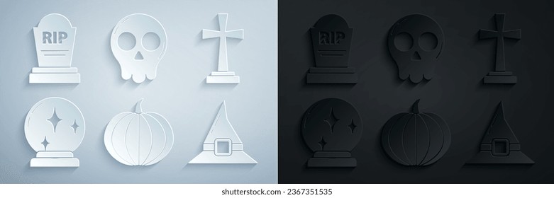 Set Pumpkin, Tombstone with cross, Magic ball, Witch hat, Skull and RIP icon. Vector
