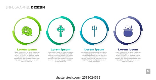 Set Pumpkin, Tombstone with cross, Neptune Trident and Halloween witch cauldron. Business infographic template. Vector