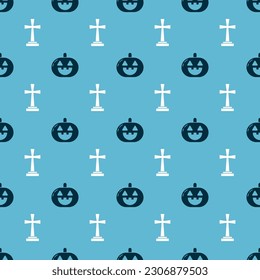 Set Pumpkin  and Tombstone with cross  on seamless pattern. Vector