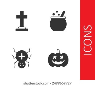 Set Pumpkin, Tombstone with cross, Spider and Halloween witch cauldron icon. Vector