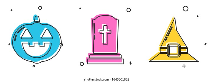 Poner Pumpkin , Tombstone con icono de cruz y sombrero de bruja. Vector