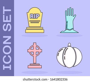 Set Pumpkin , Tombstone with RIP, Tombstone with cross  and Zombie hand  icon. Vector