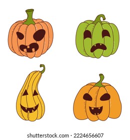 Conjunto de calabaza de varias formas y colores con caras divertidas. Elementos de Halloween. Ilustración del vector con estilo dibujado a mano