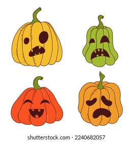 Set of pumpkin of various shapes and colors with funny faces. Halloween elements. Vector illustration in hand drawn style