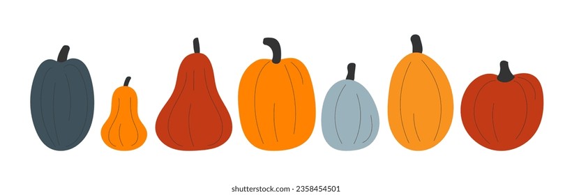 Set of pumpkin of various shapes and colours. Thanksgiving and Halloween Elements.