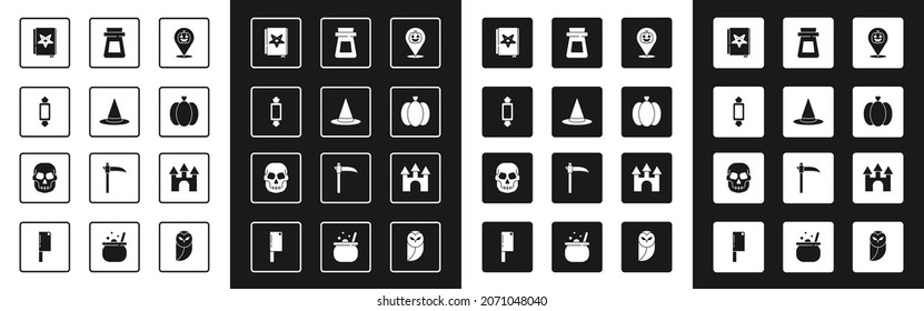 Set Pumpkin, Witch hat, Candy, Ancient magic book, Bottle with potion, Castle and Skull icon. Vector