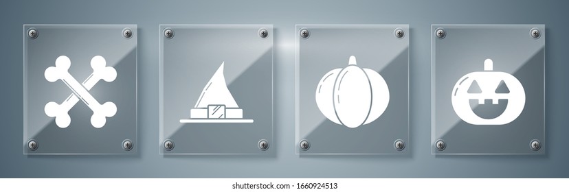 Colocar calabaza , Calabaza , Sombrero de bruja y huesos cruzados . Paneles de vidrio cuadrado. Vector