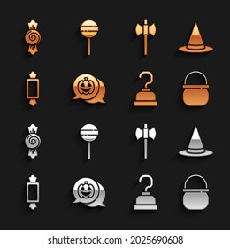 Set Pumpkin, Witch hat, Halloween witch cauldron, Pirate hook, Candy, Wooden axe,  and Lollipop icon. Vector