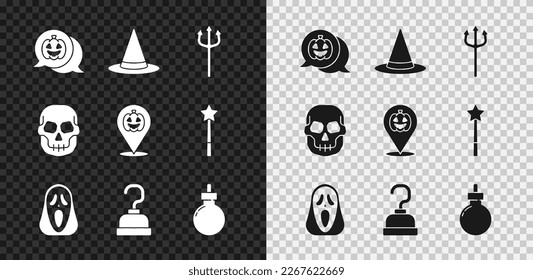 Set Pumpkin, Witch hat, Neptune Trident, Funny and scary ghost mask, Pirate hook, Bomb ready to explode, Skull and  icon. Vector