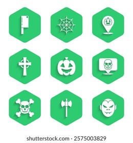 Set Pumpkin, Wooden axe, Vampire, Skull, on crossbones, Tombstone with,  and Meat chopper icon. Vector