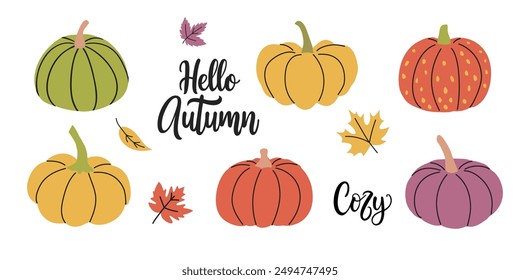 Set of pumpkins and autumn leaves. Autumn hand drawn lettering hello autumn and cozy. Hand drawn vector illustration.