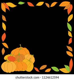 Set of pumpkins with autumn leaves. Vector of pumpkins and autumn leaves on Halloween. Bright festive pumpkins on the postcard.
