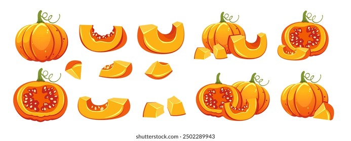 Set of pumpkins. Autumn orange pumpkin whole, slices, wedges. Cut pumpkin. Vector illustration isolated on white background.