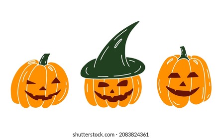 Set of pumpkins. Autumn vegetable for Halloween. Isolated element on a white background.
