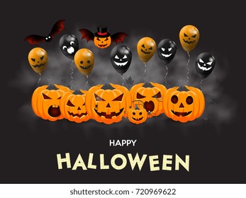 Set of pumpkins with balloons on the background of smoke. Design for a happy Halloween. Party Halloween. Vector illustration.
