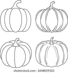 A set of pumpkins, black outlined and colored. Vector collection of cute hand drawn pumpkins on white background. Elements for autumn decorative design, halloween invitation, harvest thanksgiving.