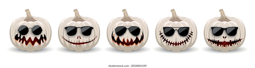 Set of Pumpkins in black sunglasses on white background. The main symbol of the holiday Happy Halloween. Hipster white pumpkins with smile for the holiday Halloween.	