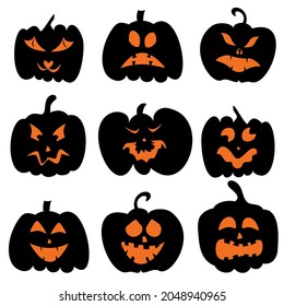 Set of pumpkins with carved faces for Halloween. For decorating holiday projects, cards, invitations, banners. Vector illustration