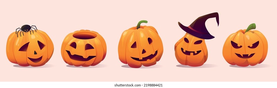 A set of pumpkins with a carved smile for Halloween. Design elements isolated on a beige background. Vector illustration
