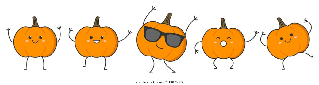 Set pumpkins character cartoon dancing smiling face vegetable gourd happy emotions icon logo vector illustration 