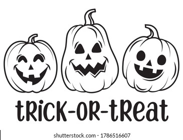 Set of pumpkins. Collection of pumpkin faces with the inscription "Trick or treat" for Halloween. Jack Lantern attribute. Silhouettes of demons. Vector illustration for children.