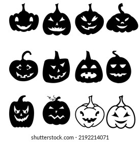 Set Of Pumpkins. Collection Of Pumpkin Faces For Halloween. Stylized Mystical Creatures. Silhouettes Of Demons