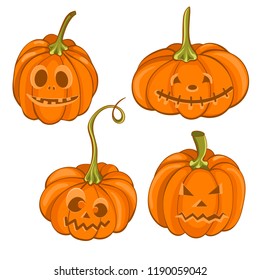The set of pumpkins with cut out eyes and mouth. Emotions on the pumpkin. Colored vector illustration on white background. Isolated objects. Happy Halloween. Can be used on postcards, posters.