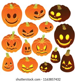 set of pumpkins/ decorations for halloween. orange pumpkin with smiles on white background. isometric 3d
