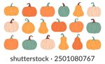 Set of pumpkins of different colors. Cute hand drawn pumpkins, vector illustration