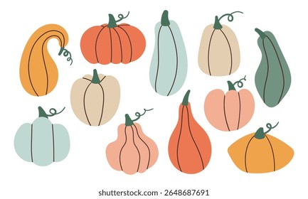 Set of pumpkins of different colors. Cute hand drawn pumpkins, vector illustration .Cozy autumn element ,health food , thanksgiving day design element .