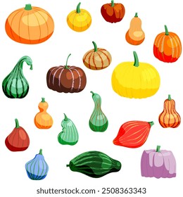 Um conjunto de abóboras em cores diferentes. Ótimo para a colheita, outono ou comemorações de Helloween - invente seus próprios rostos. Ilustração vetorial