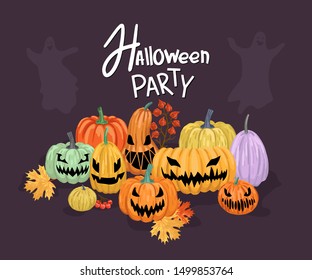Set of pumpkins of different colors with scary faces. Casts on the black background. Bright design. Isolated objects for flyer or party invitation. Flat style cartoon drawing.