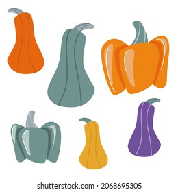 A set of pumpkins of different colors and sizes. Halloween decor. Graphic icon or seal isolated on white background. Vector illustration.