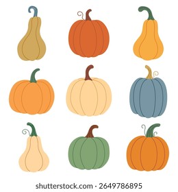 Um conjunto de abóboras em cores diferentes. Abóboras bonitas desenhadas à mão. Um conjunto de outono acolhedor. Ilustração vetorial.
