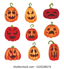 Set of pumpkins with different emotions. Vector illustration.
