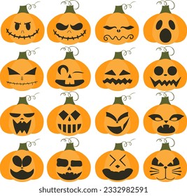 set, pumpkins, different expressions of emotions, all pumpkins can be used separately, illustration set, illustration for halloween, vector