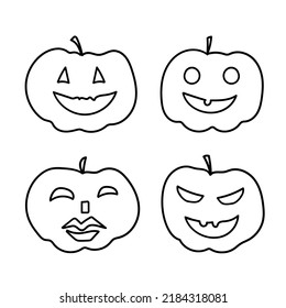 Set of pumpkins with different face expressions. Traditional Halloween decor. Coloring page elements. Vector illustration. 