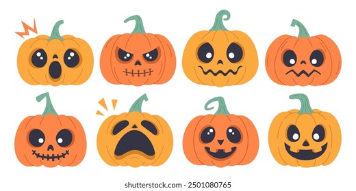 Set of pumpkins with different facial expressions. Cute hand drawn pumpkins for Halloween, vector illustration