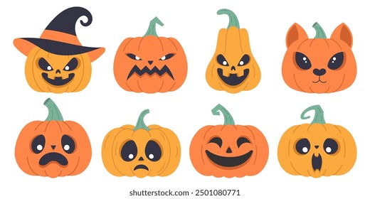 Conjunto de calabazas con diferentes expresiones faciales. Calabazas dibujadas a mano lindas para Halloween, Ilustración vectorial