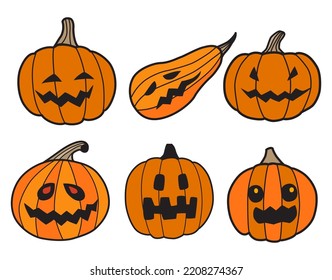 Un conjunto de calabazas de diferentes formas y con diferentes expresiones faciales. Una verdura naranja con un contorno negro. Caricatura de estilo plano. Linternas de calabaza con rostros para la celebración de Halloween. Vector