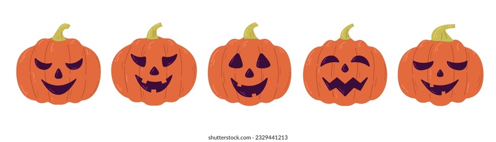 Set pumpkins with different smiles, symbol of Halloween holiday. Vector hand drawn illustration