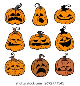 Kürbissatz mit verschiedenen Stilen für Halloween