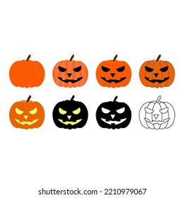 Set Of Pumpkins In Different Styles Isolated On White Background. Gourd With Glowing Eyes. Black Squash. Cartoon Vector Illustration