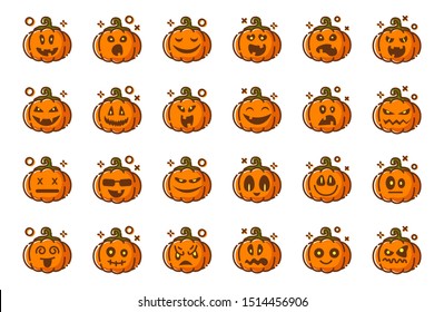 Set of pumpkins emoji for halloween, isolated vector outline icons on white, funny and scary creepy characters with various facial expressions, traditional jack-o-lantern holiday symbols, flat