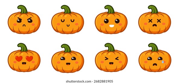 Set of pumpkins with emotions. Cartoon pumpkins with faces. Vector