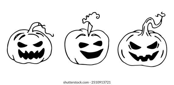 Set of pumpkins with faces. Black outline silhouette for Halloween. Hand drawn isolated graphic clipart. Line sketch with vegetable for creepy decor and invitation design. Simple Doodle style.