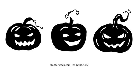 Set of pumpkins with faces. Black outline silhouette for Halloween. Hand drawn isolated graphic clipart. Linear silhouette with vegetable for spooky decor and invitation design. Simple Doodle style.