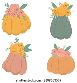 Set of pumpkins with flowers. Bright vegetables for Thanksgiving day. Vector illustration